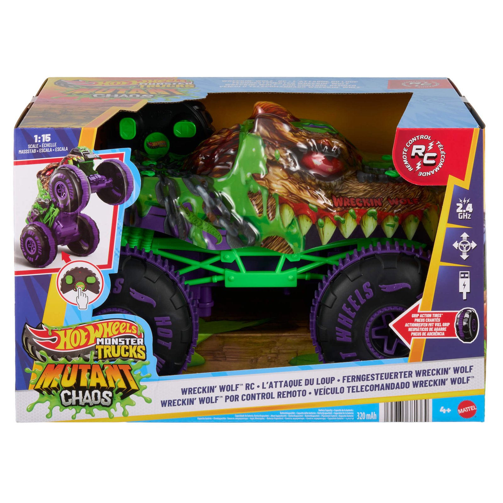 Hot Wheels RC Wreckin' Wolf pakuotėje – vilko galvos džipas su grandinėmis ir pultelis