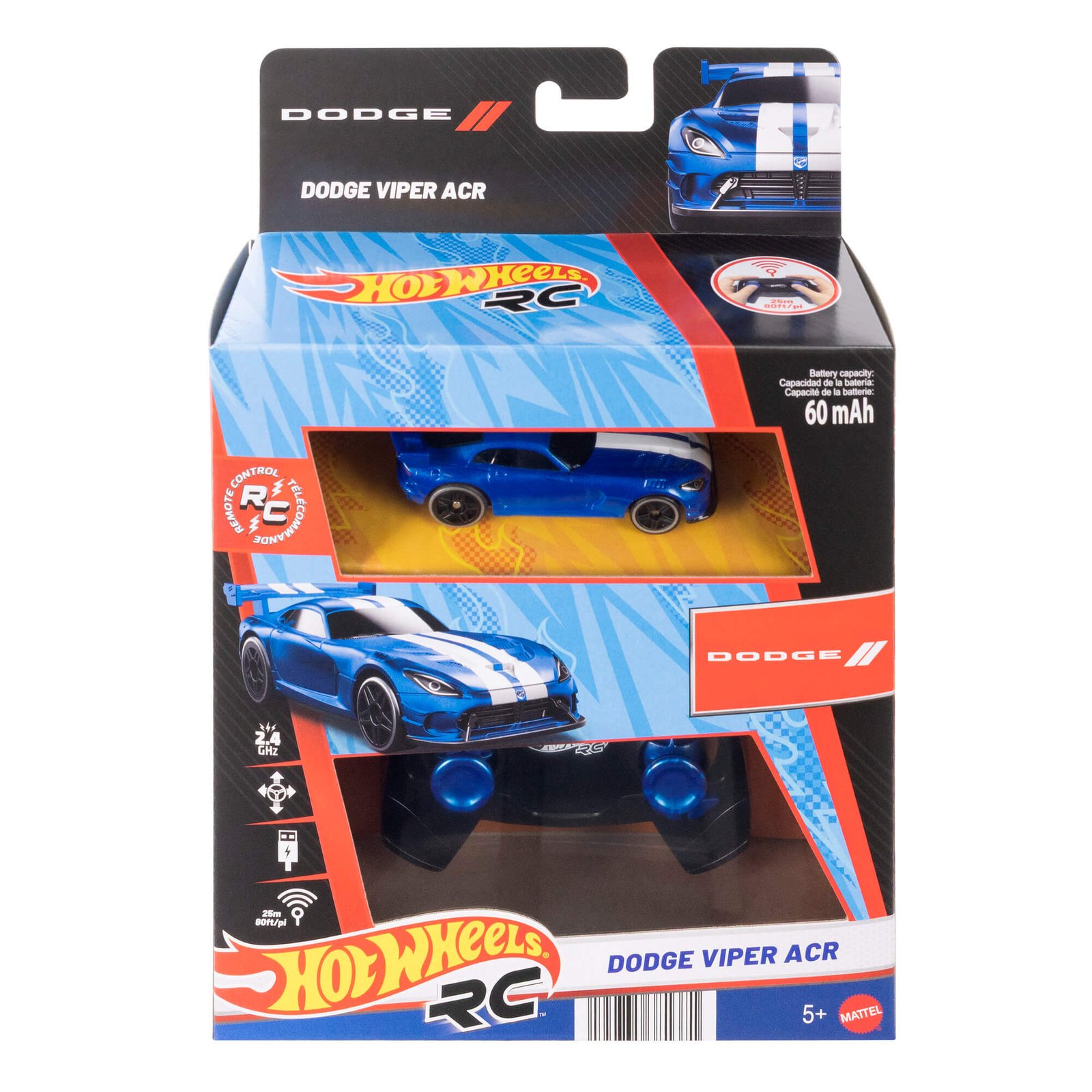 Hot Wheels RC Dodge Viper ACR pakuotėje – mėlynas automodelis su baltais dryžiais ir pultelis