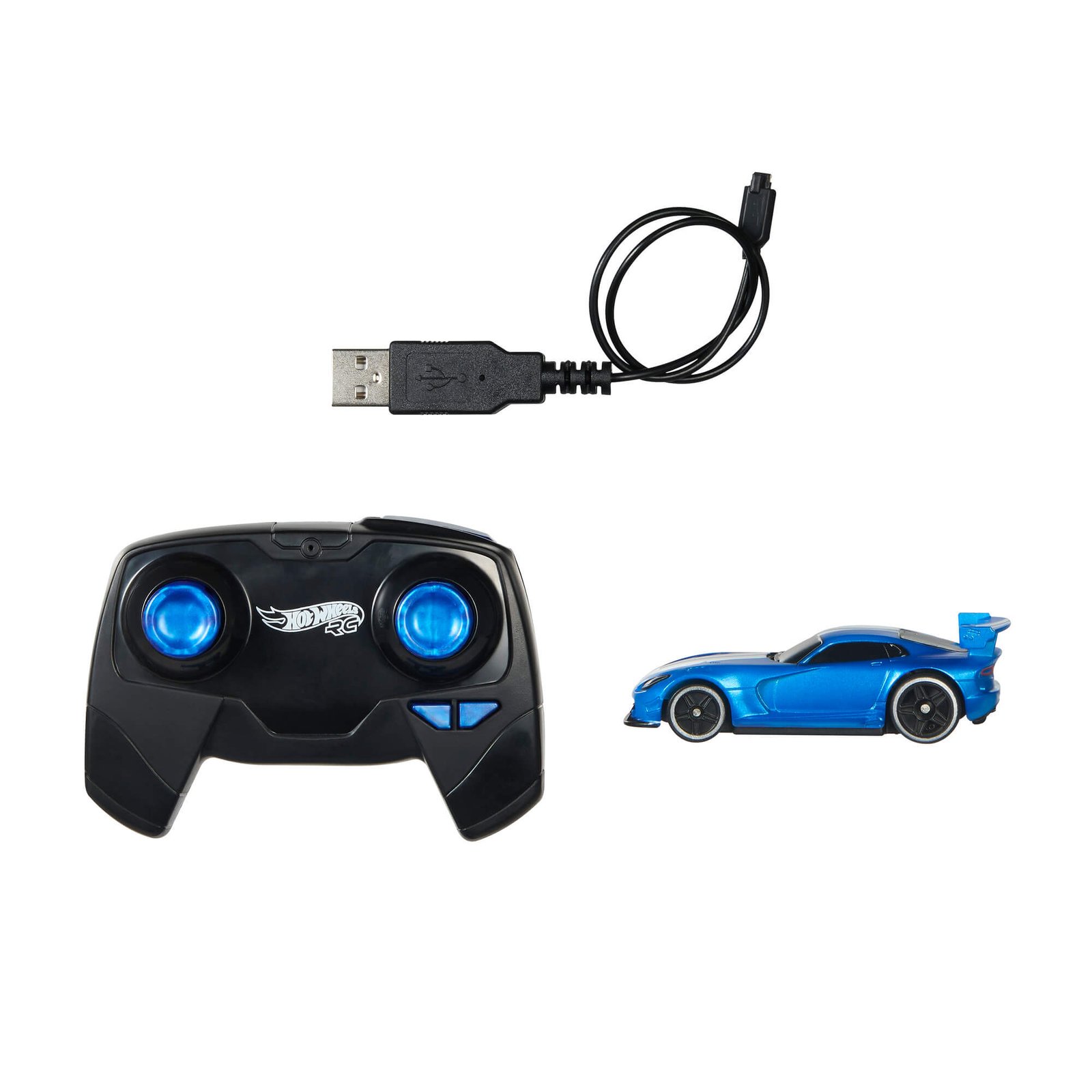 Rinkinio turinys: Dodge Viper ACR automodelis, juodas pultelis ir USB įkrovimo laidas