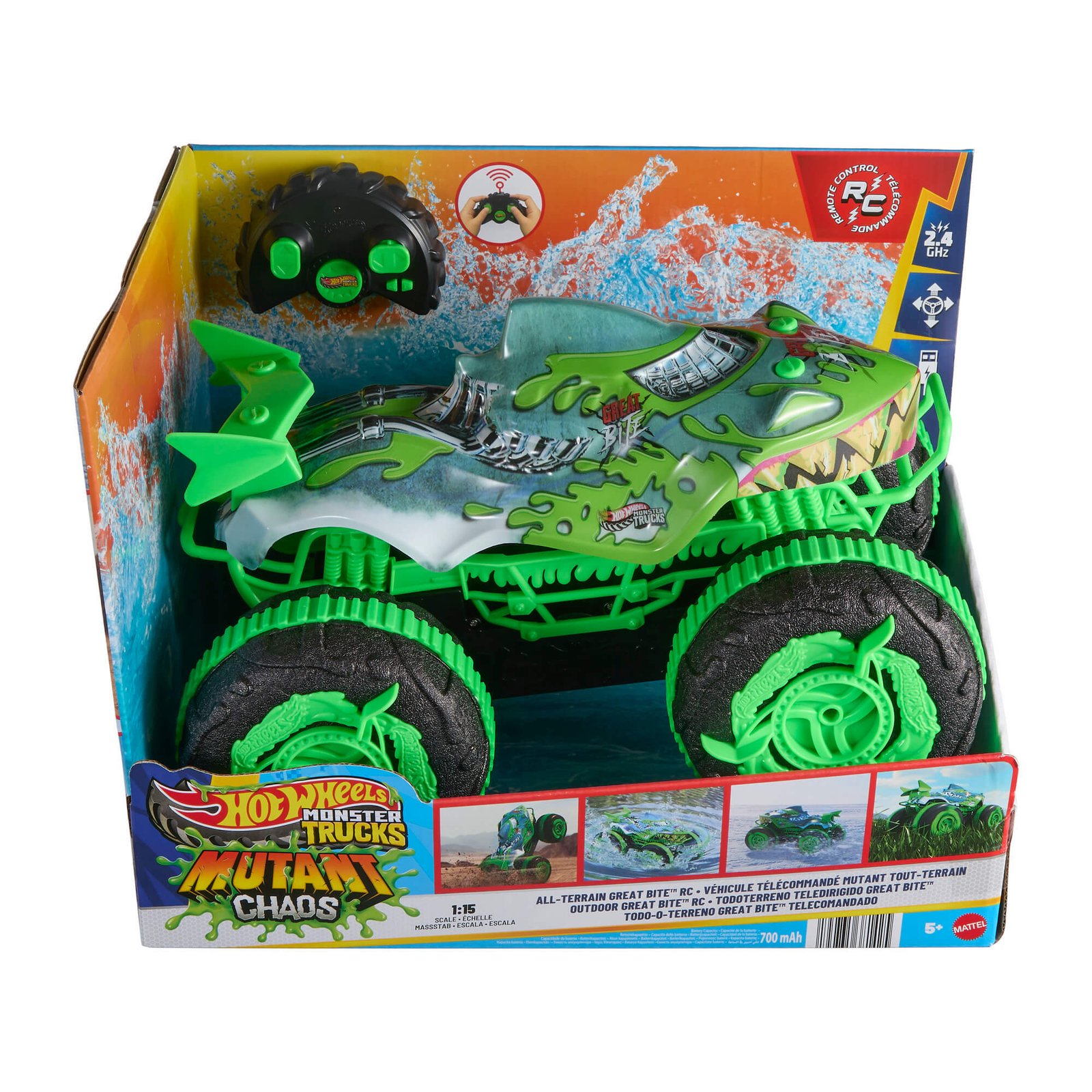 Hot Wheels RC Great Bite pakuotėje – žalias ryklio formos Mutant Chaos džipas ir pultelis
