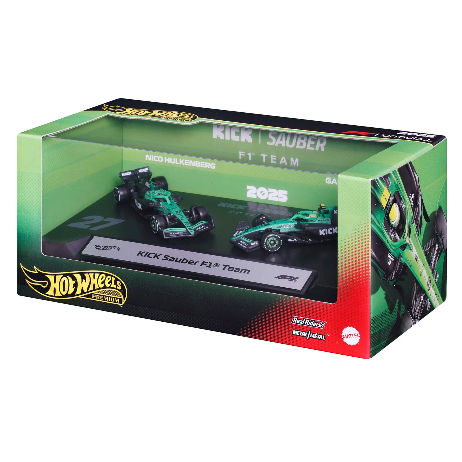 Hot Wheels Sauber F1 bolidai – Premium dėžutė su Nico Hulkenbergo ir Gabrielio Bortoleto bolidais ant stovo