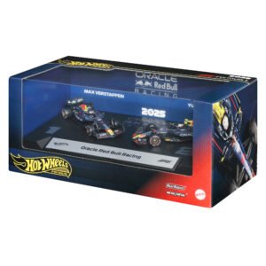 Hot Wheels Red Bull F1 bolidai – Premium dėžutė su Maxo Verstappeno ir Yuki Tsunodos bolidais ant bendro stovo