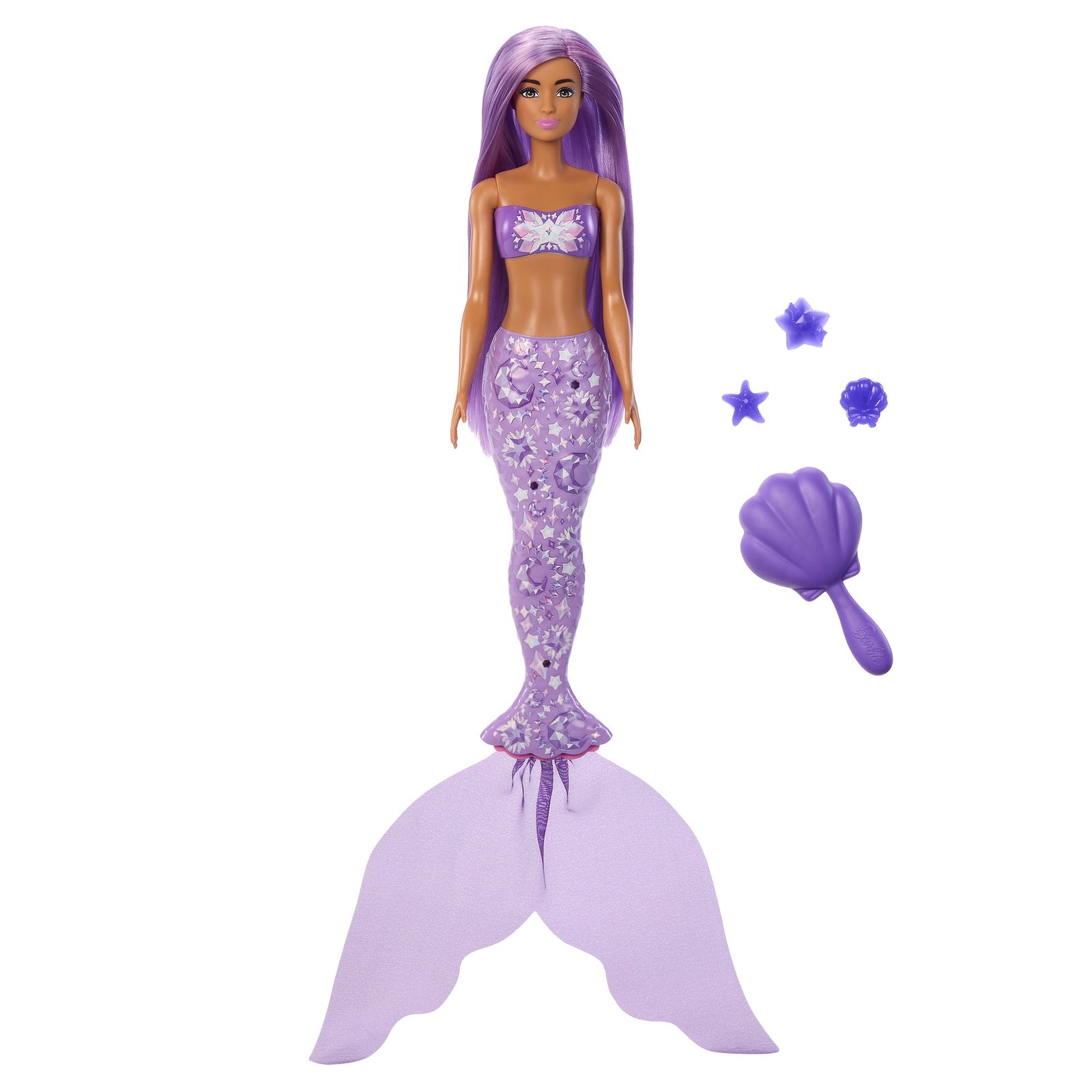 Violetinių plaukų Color Reveal undinėlė su violetiniais uodegos papuošalais ir šepečiu