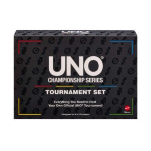 UNO Championship turnyro rinkinys pakuotėje – juoda dėžutė su užrašu „Tournament Set“