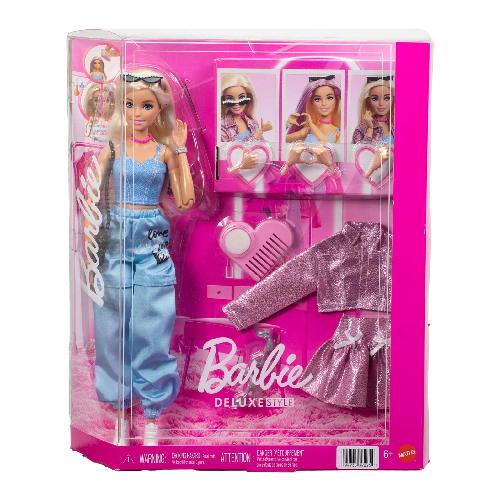 Barbie Deluxe Style rinkinys pakuotėje – šviesiaplaukė lėlė su mėlynu topu ir kelnėmis, rožine striuke ir sijonu