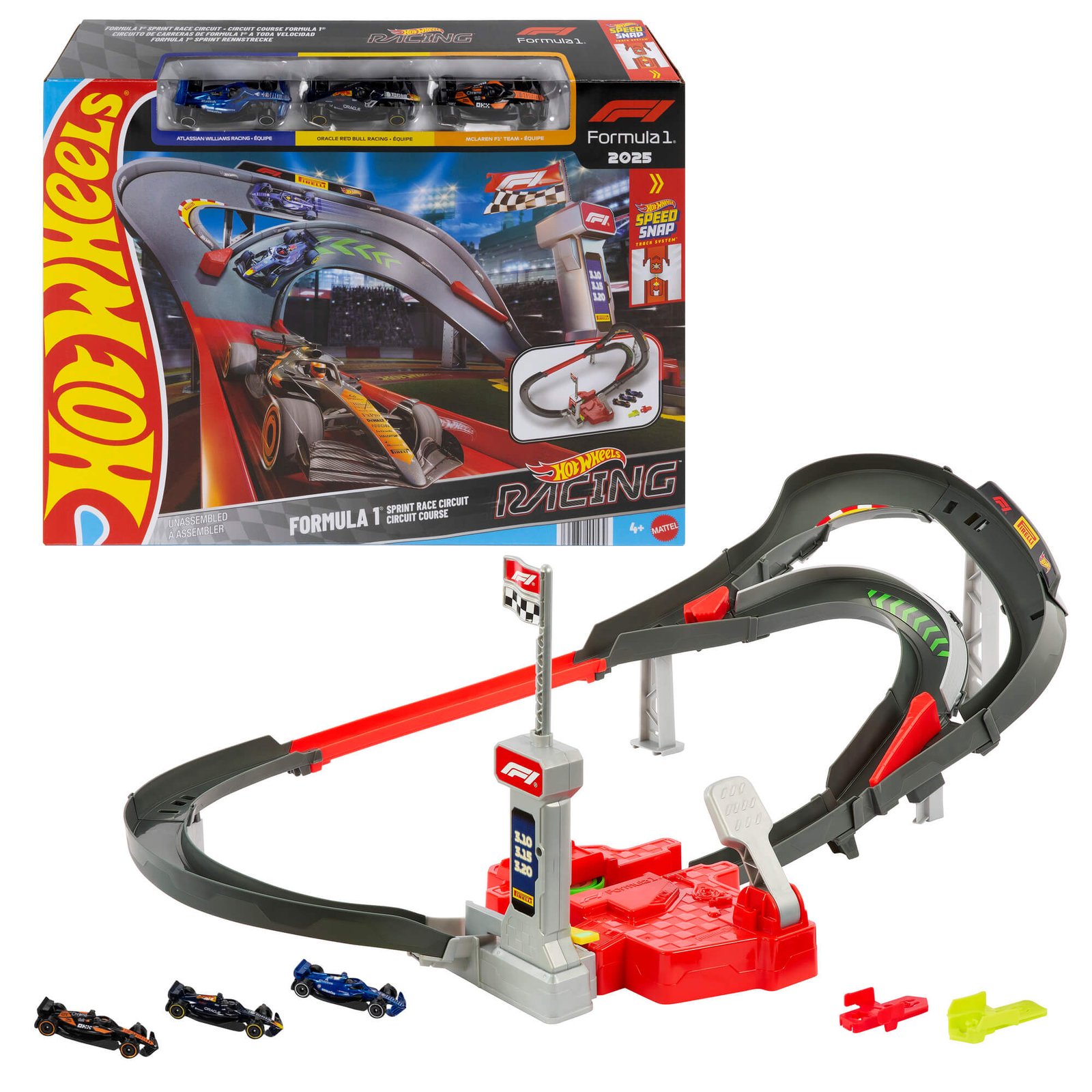 Hot Wheels F1 Sprint trasa – pakuotė ir surinkta trasa su trimis bolidais bei dviem adapteriais
