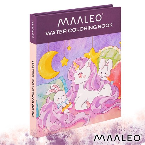 Maaleo „Water Coloring Book“ viršelis su vienaragiu, zuikučiais ir mėnulio pjautuvu