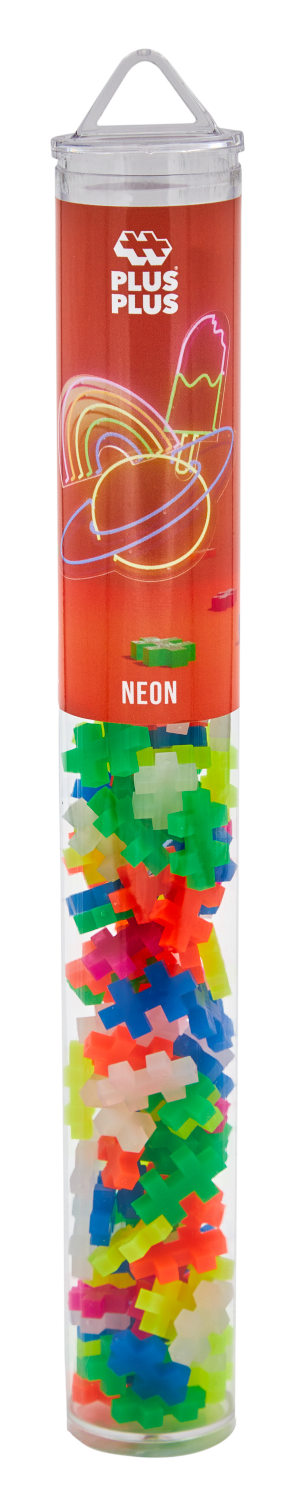 Uždaryta neoninė Plus Plus tūba su oranžine etikete