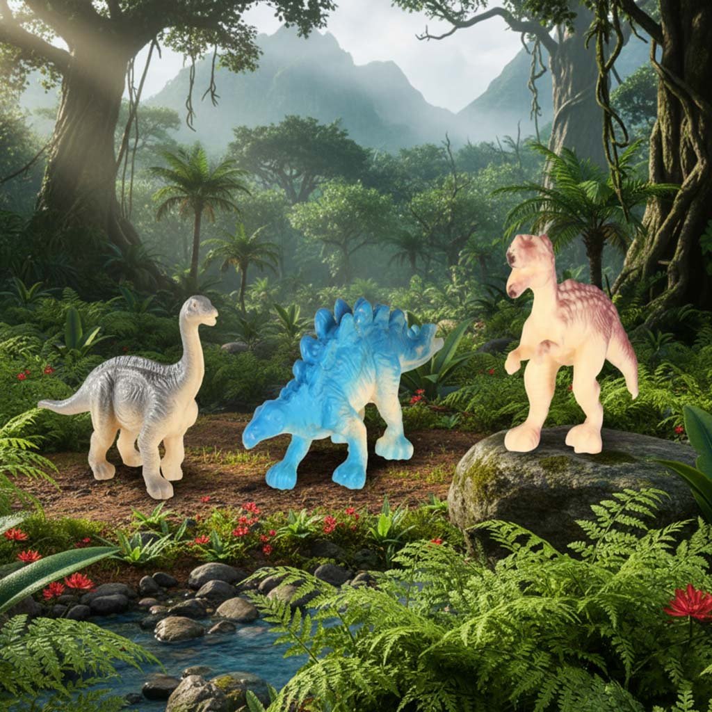 Trys dinozaurų figūrėlės džiunglių fone