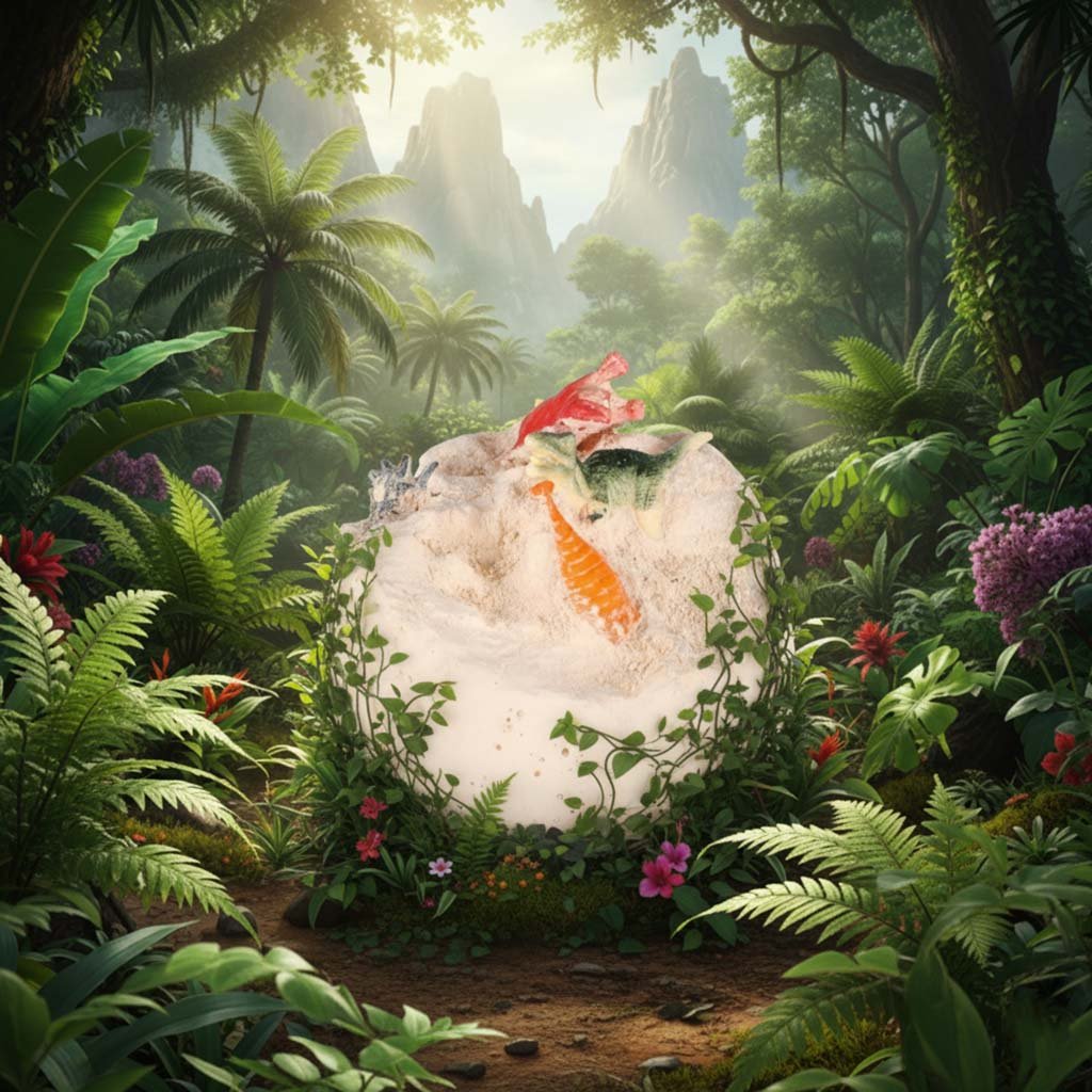 Suskilęs kiaušinis su dinozaurais džiunglių aplinkoje
