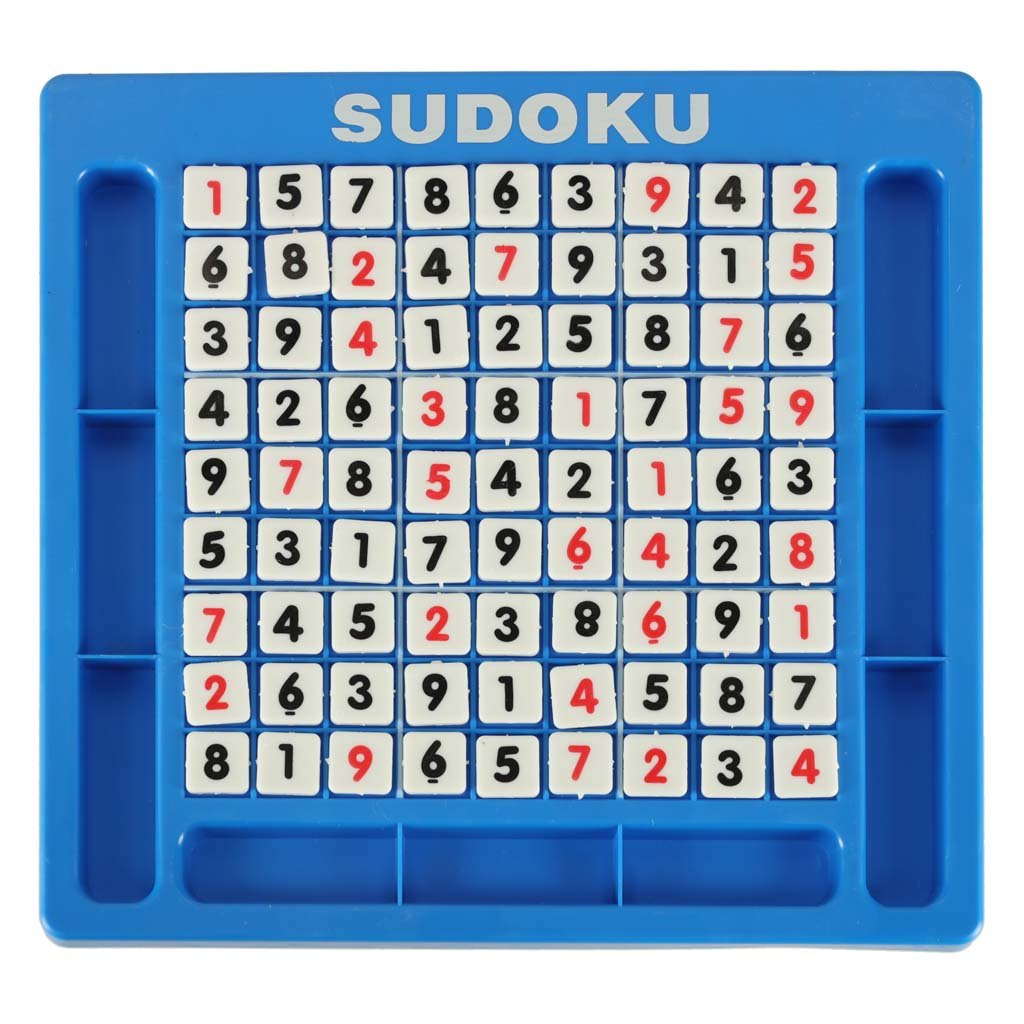 Visiškai užpildyta sudoku lenta su raudonais ir juodais skaitmenimis