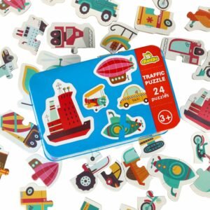 Transporto dėlionė dėžutėje: mėlyna skardinė su ledlaužiu, dirižabliu ir taksi ant dangčio, aplink detalės