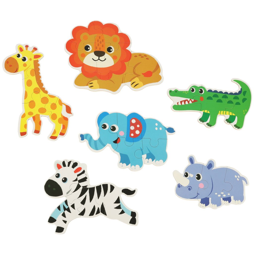 Šeši sudėti gyvūnai: žirafa, liūtas, krokodilas, dramblys, zebras ir raganosis