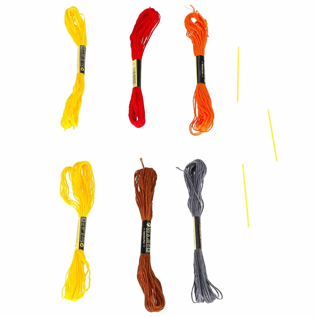 Šeši spalvoti pinti siūlai ir trys plastikinės adatos