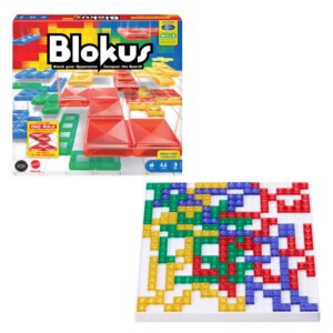 Blokus stalo žaidimas – dėžutė ir lenta su keturių spalvų figūrėlėmis