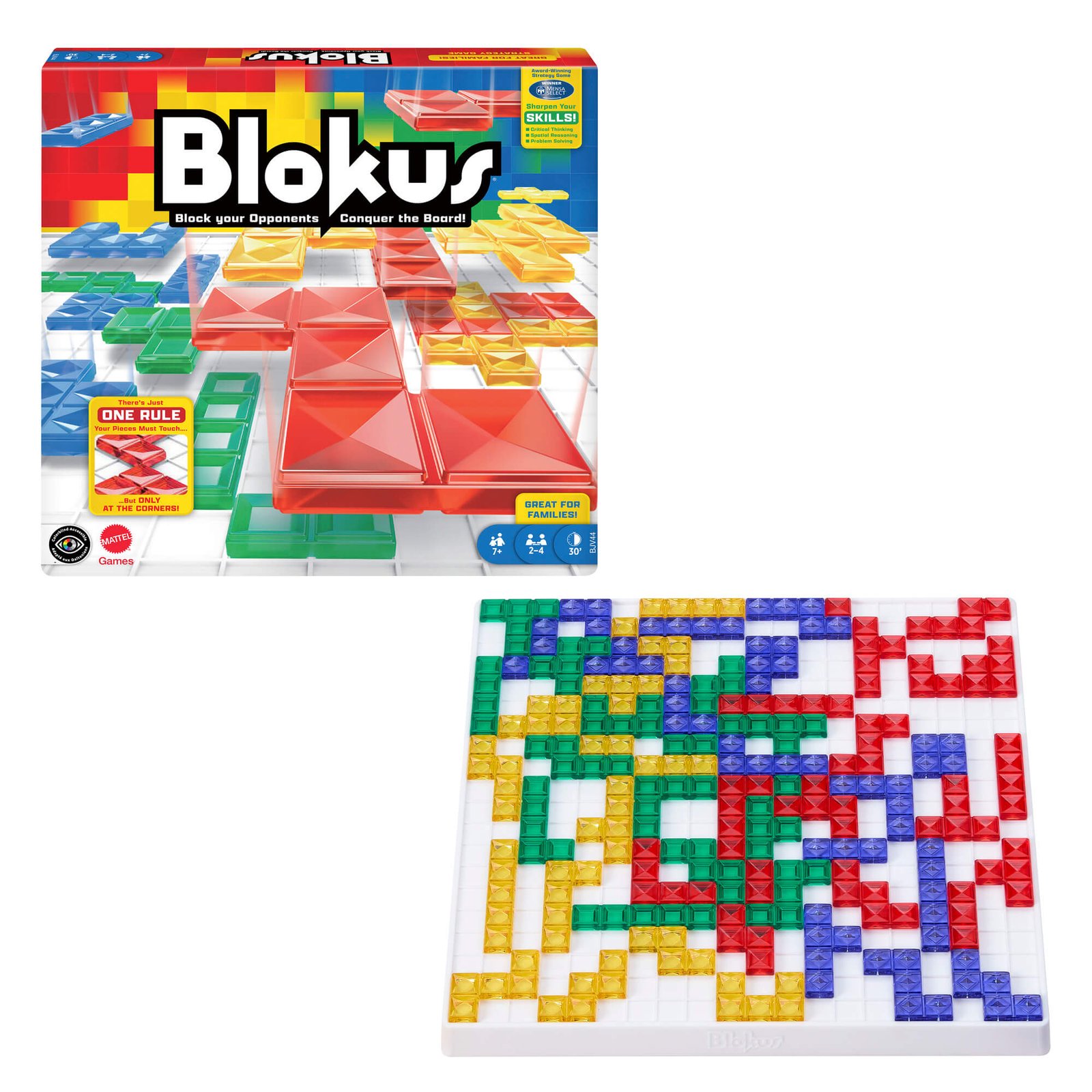 Blokus stalo žaidimas – dėžutė ir lenta su keturių spalvų figūrėlėmis