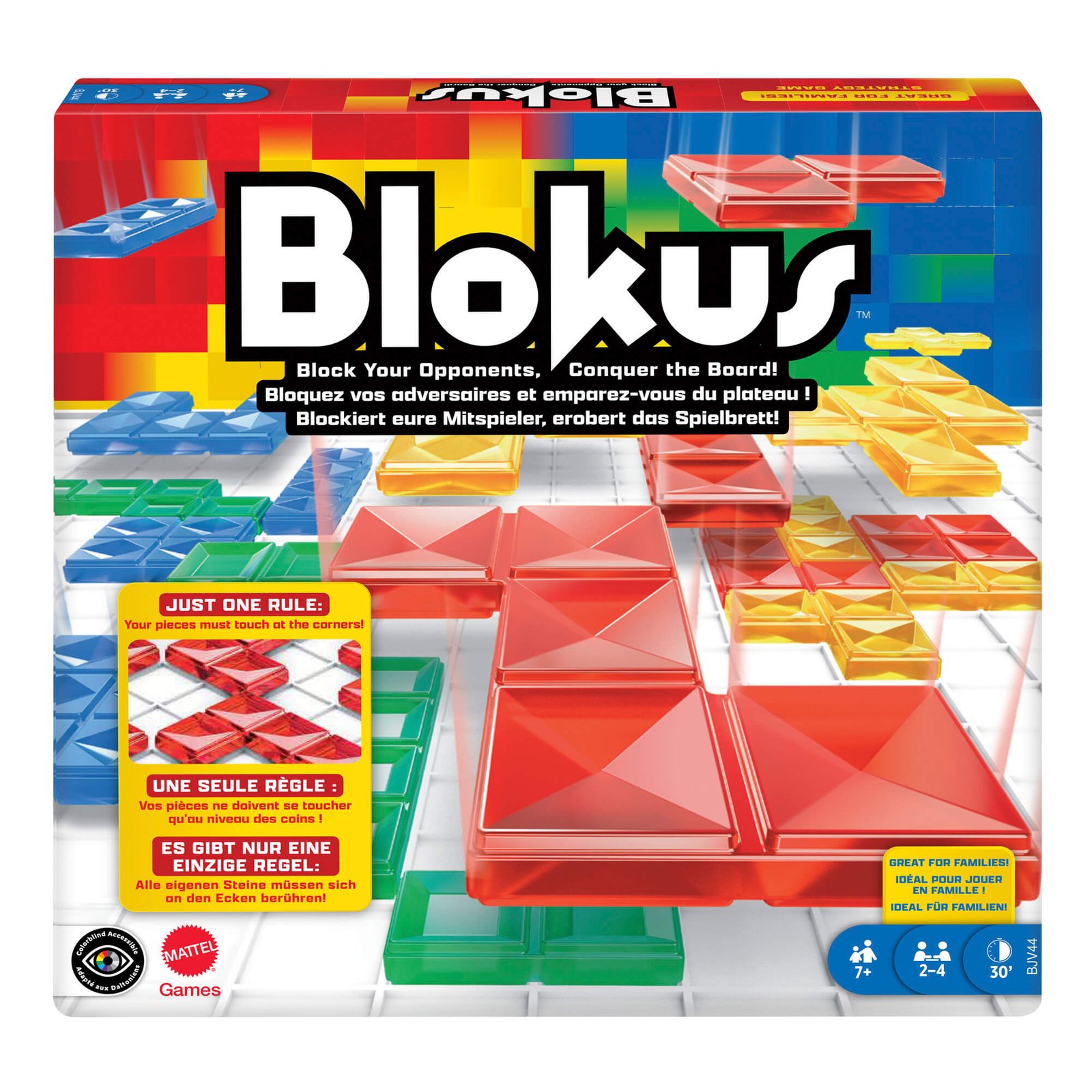 Blokus dėžutė iš priekio su užrašu „Just one rule“ ir žymėjimu 7+, 2–4, 30 min.
