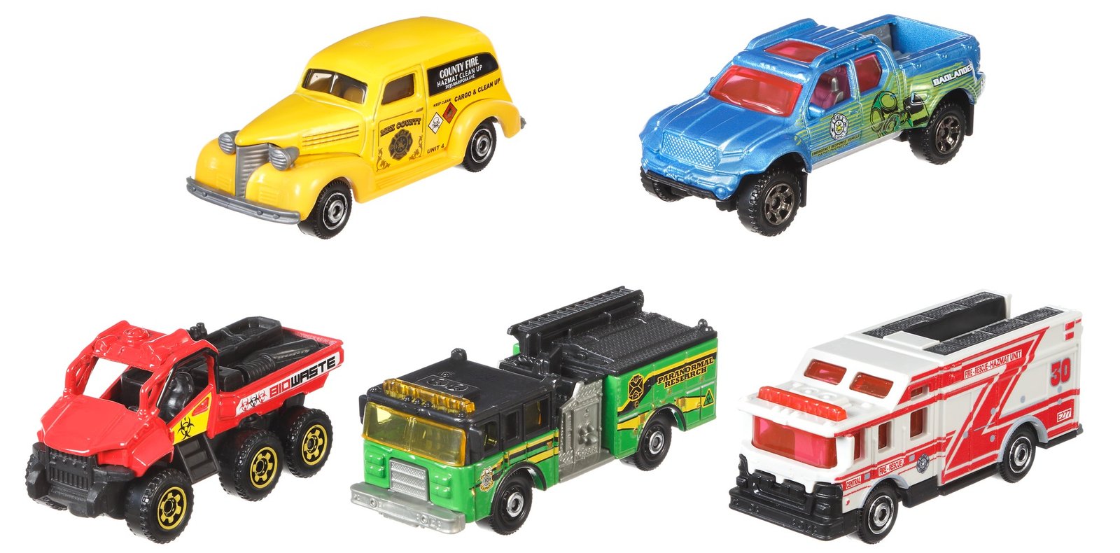 Matchbox 5 mašinėlių rinkinys: geltonas, mėlynas, raudonas, žalias ir baltas automobiliai