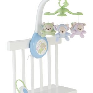 Fisher-Price muzikinė karuselė lovytei su trimis meškiukais, pritvirtinta prie lovytės krašto