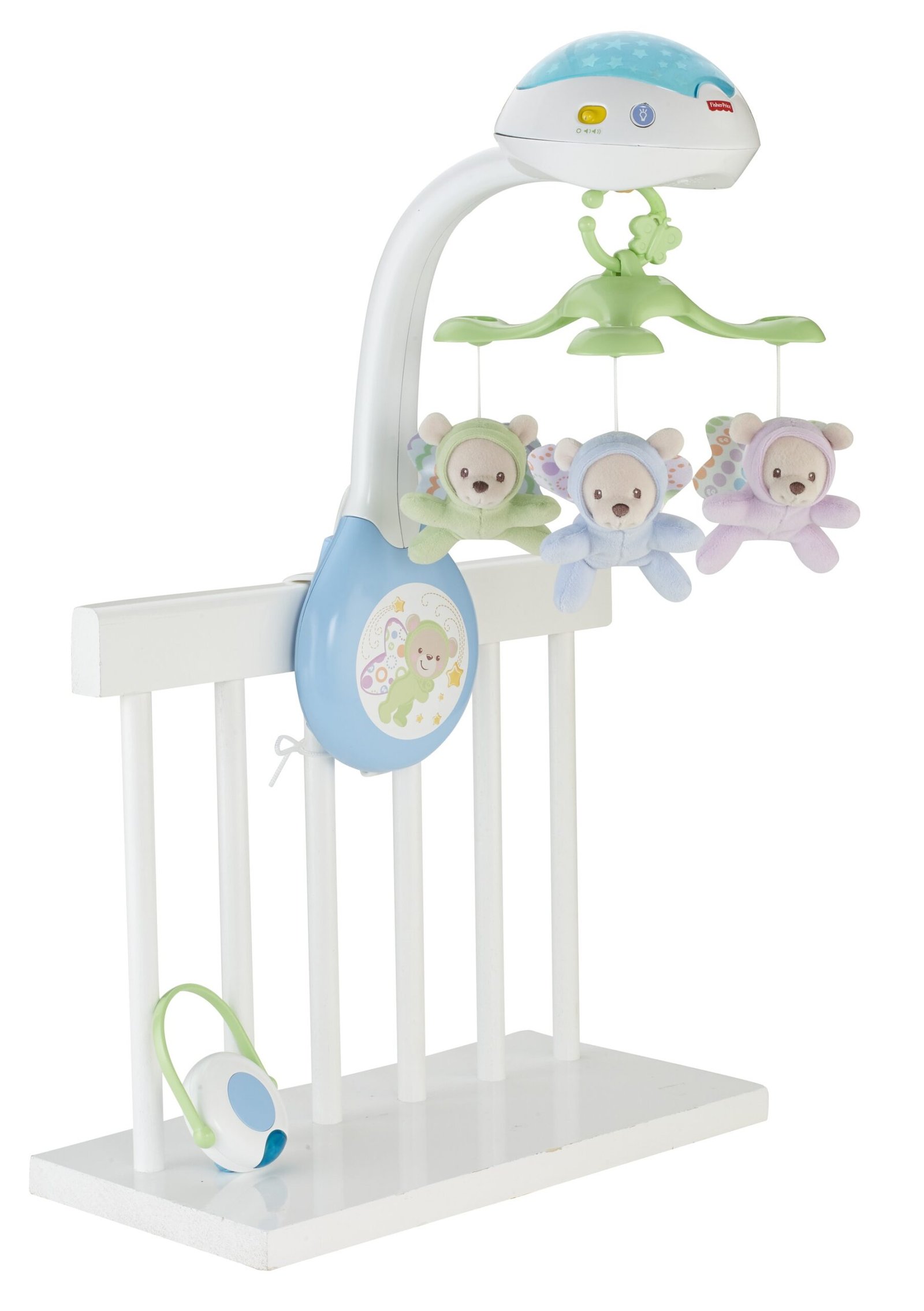 Fisher-Price muzikinė karuselė lovytei su trimis meškiukais, pritvirtinta prie lovytės krašto