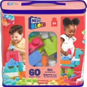 Mega Bloks kaladėlės 60 det. koralinės rožinės spalvos krepšyje su rankena