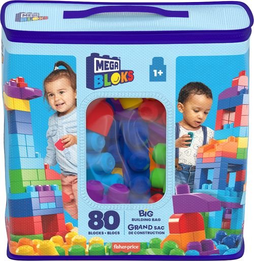 Šviesiai mėlynas Mega Bloks krepšys su užrašais „80 blocks“ ir „Big Building Bag“