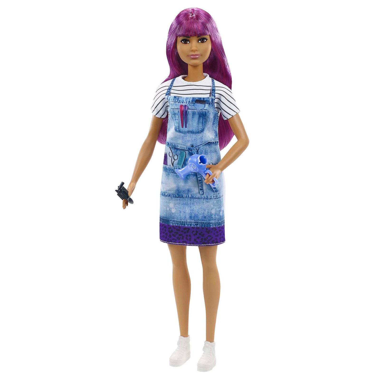 Barbie kirpėja violetiniais plaukais su džinsine prijuoste ir kirpėjos įrankiais