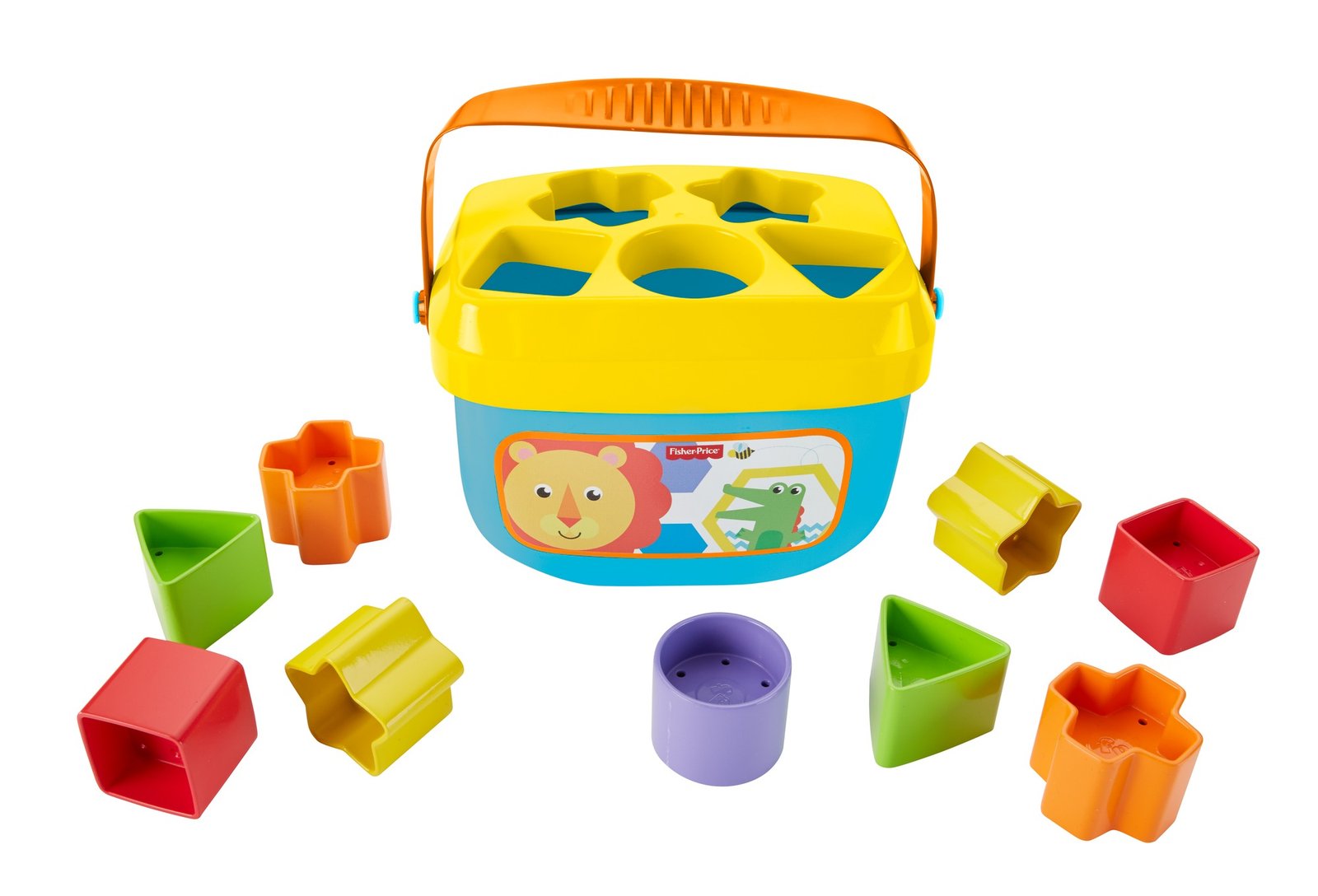 Pirmosios kūdikio kaladėlės Fisher-Price aplink mėlyną kibirėlį su geltonu dangteliu