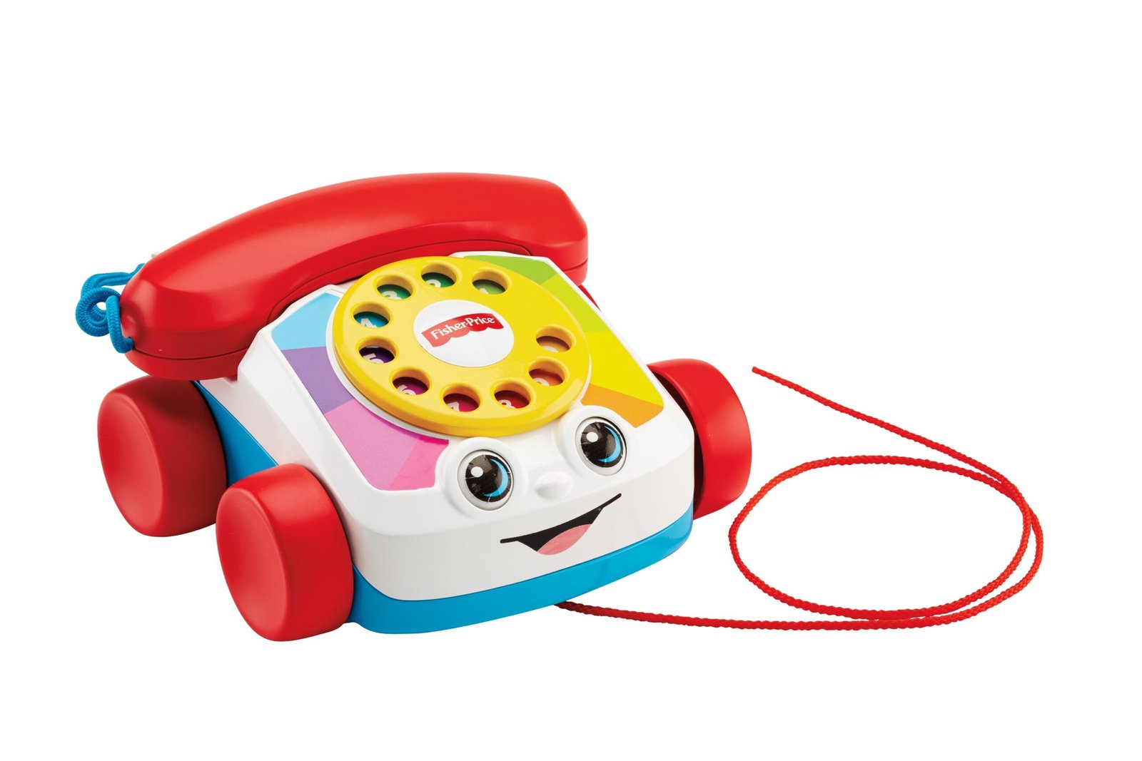 Fisher-Price traukiamas telefonas su raudonu rageliu ir virvele