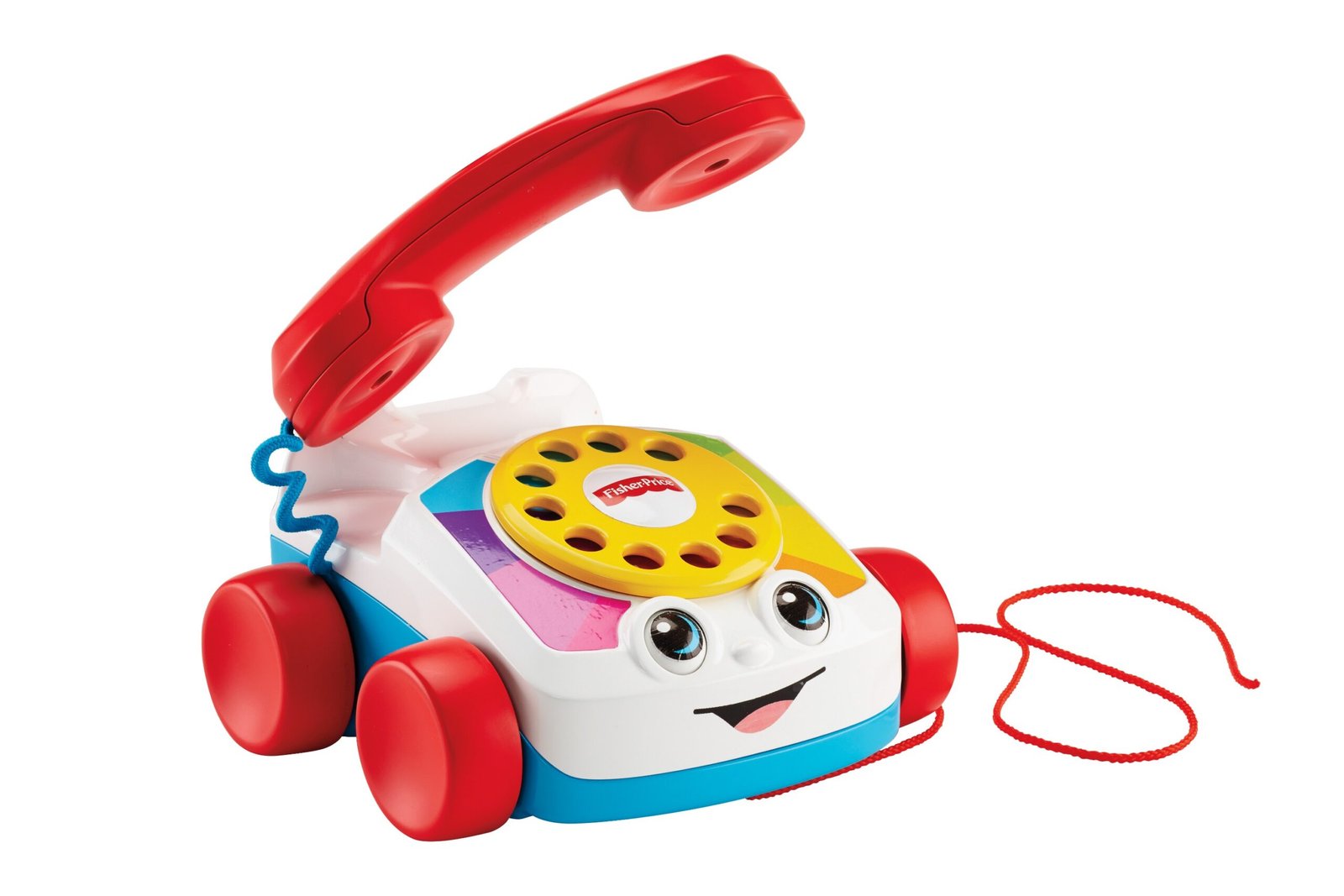Telefonas su pakeltu raudonu rageliu ir spalvotu rinkimo disku