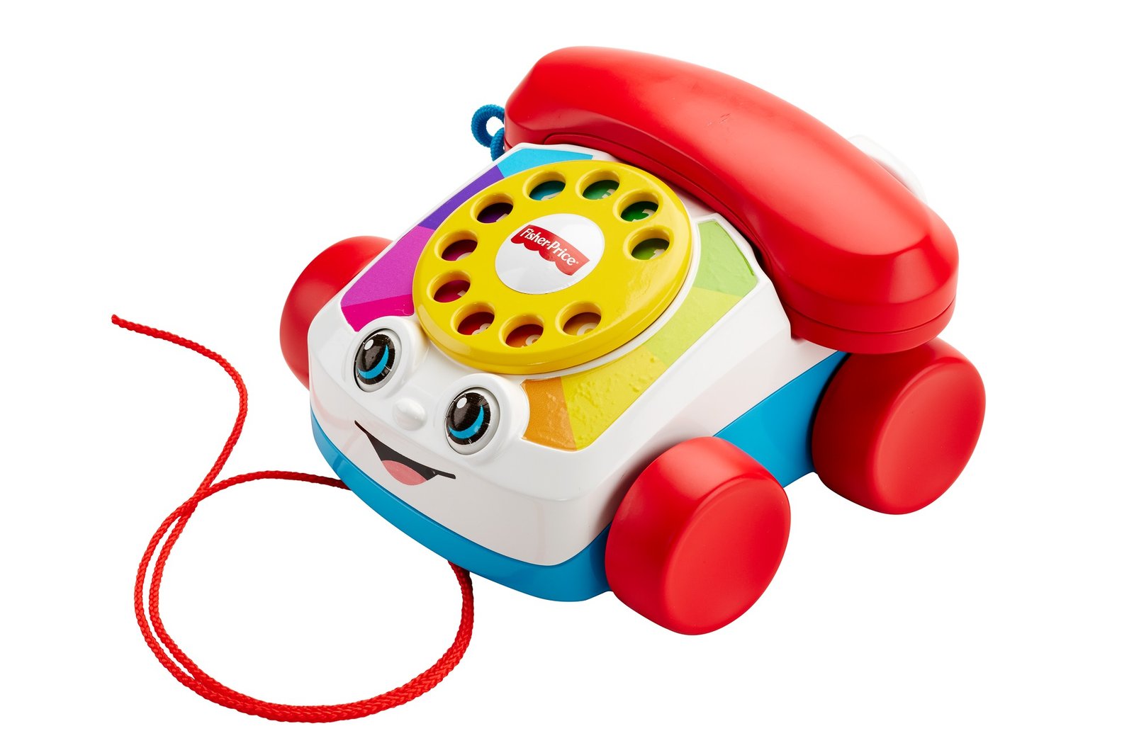 Baltas telefonėlis su akutėmis ir raudonais ratukais – vaizdas iš šono