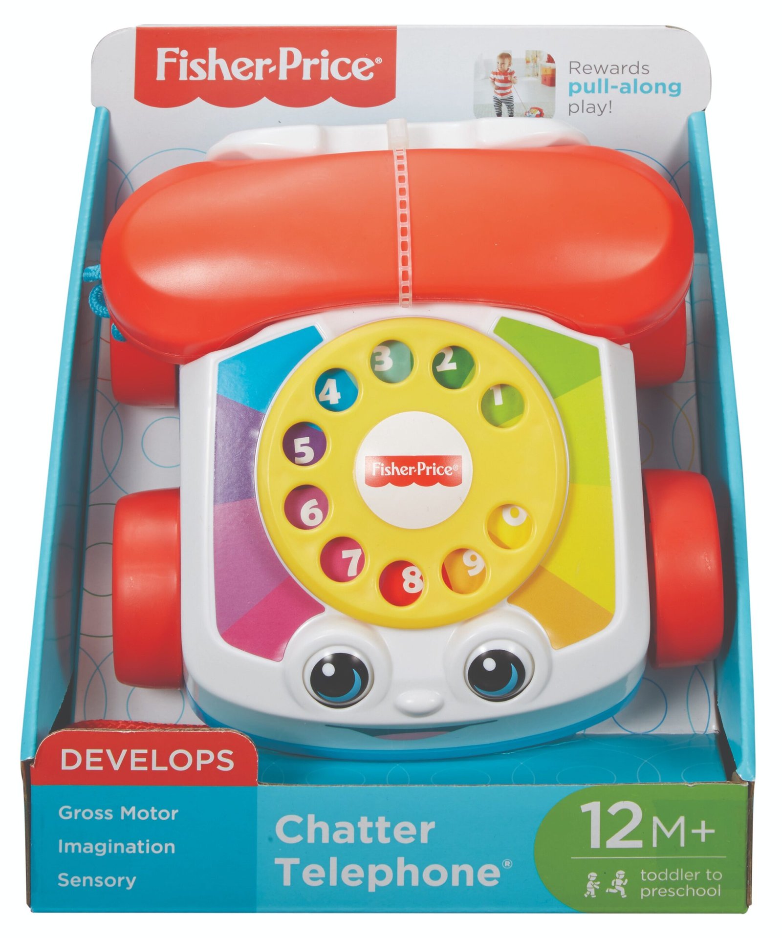 Fisher-Price Chatter Telephone pakuotė su užrašu 12M+