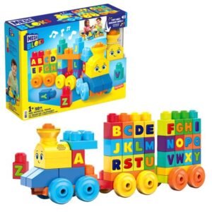 Mega Bloks muzikinis traukinys „ABC Musical Train“ pakuotėje ir sukonstruotas
