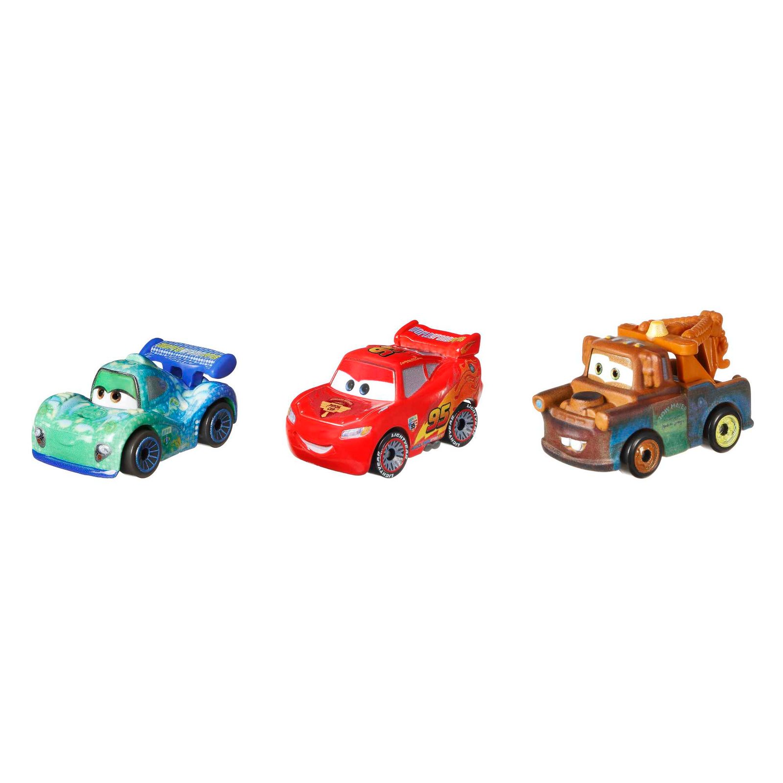 Cars Mini Racers rinkinys – žalia lenktynininkė, Žaibas Makvynas ir Mater