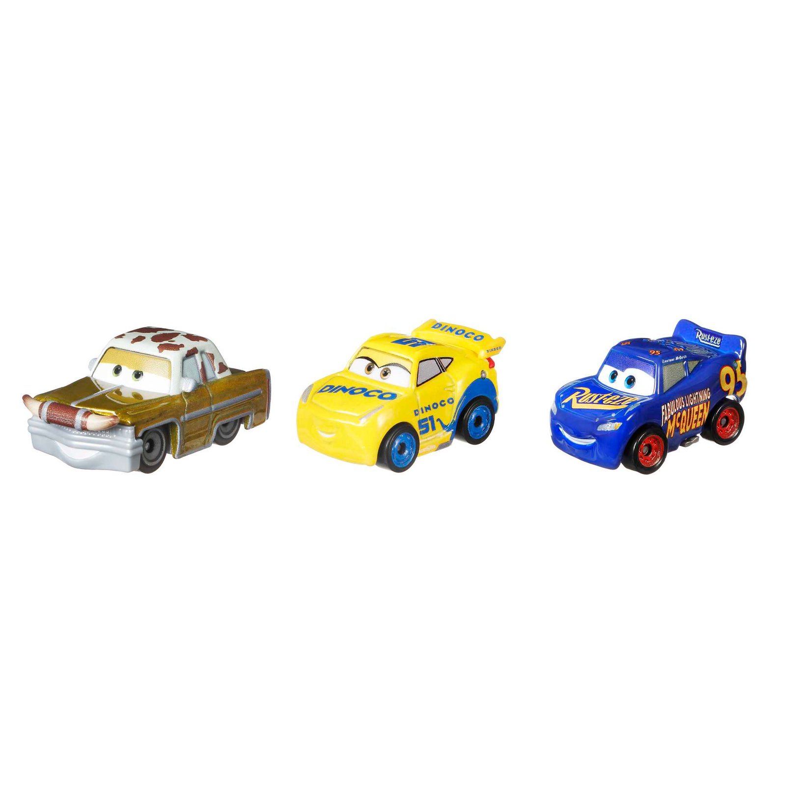 Trys Mini Racers mašinėlės – auksinė, geltona ir mėlyna