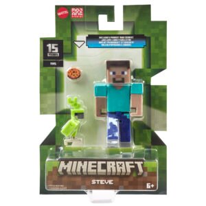 Minecraft veikėjo figūrėlė Steve su papūga ir sausainiu pakuotėje – serijos pavyzdys