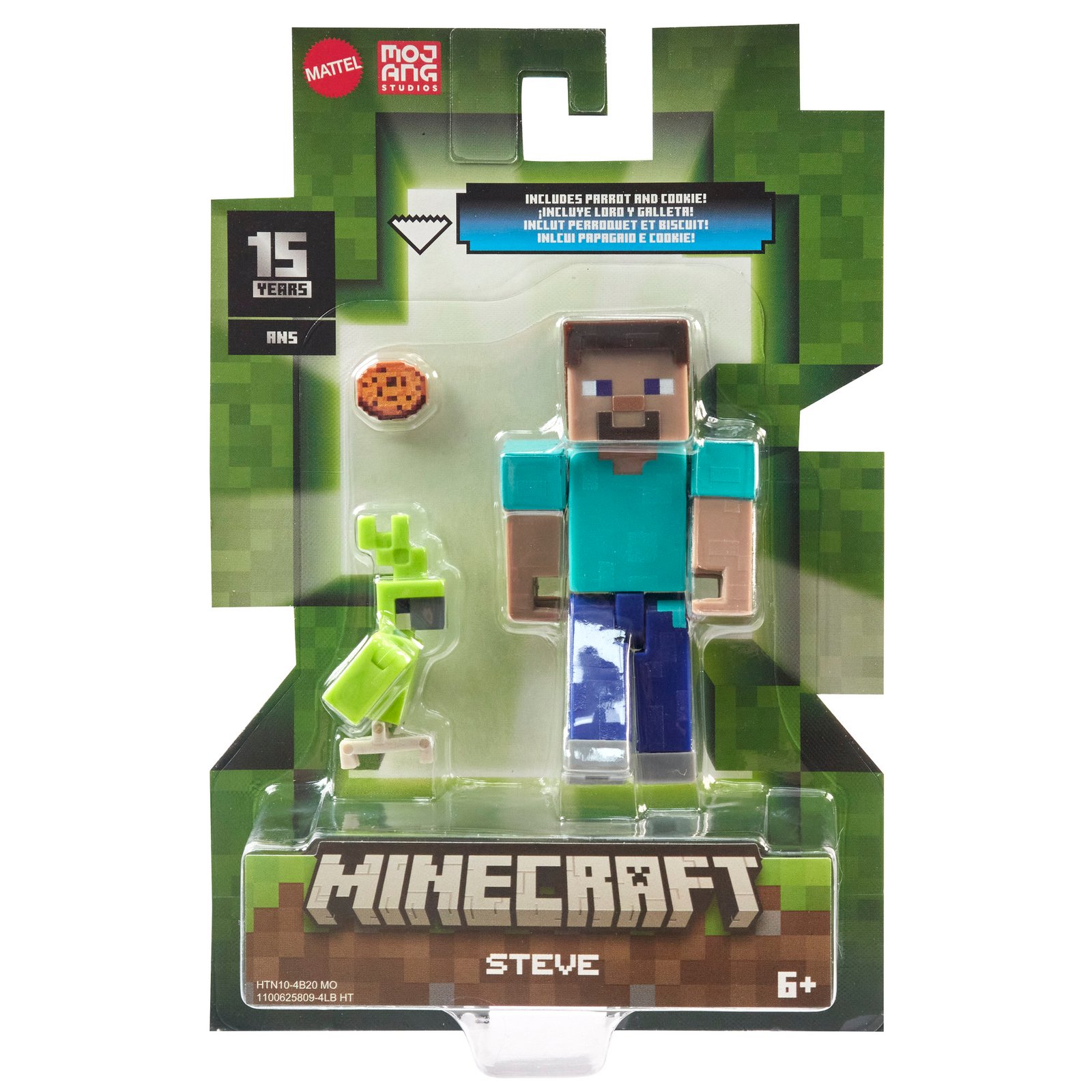 Minecraft veikėjo figūrėlė Steve su papūga ir sausainiu pakuotėje – serijos pavyzdys