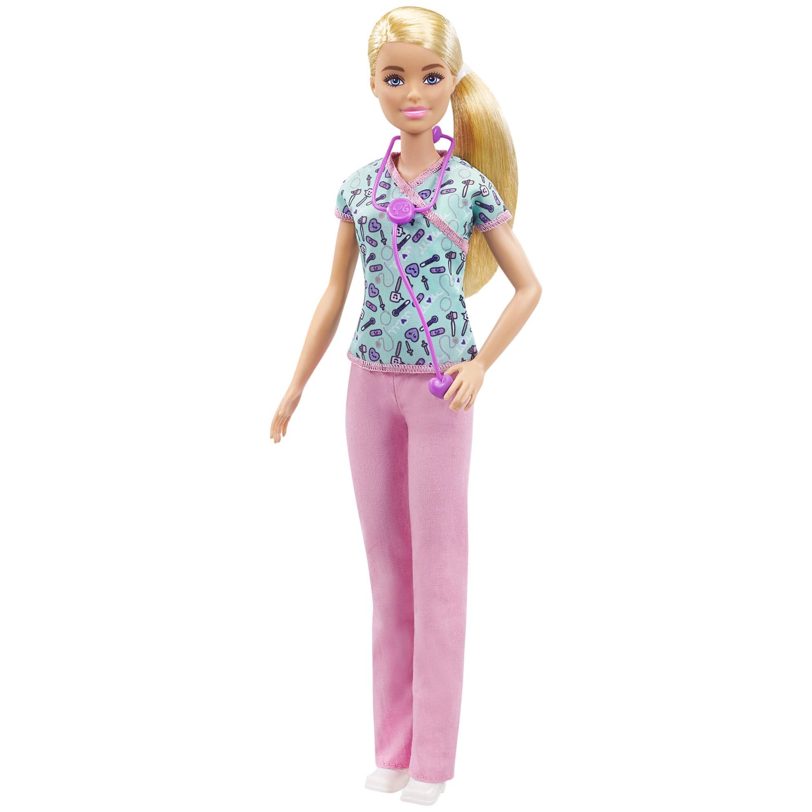 Šviesiaplaukė Barbie slaugė rožinėmis kelnėmis ir baltais batais visu ūgiu