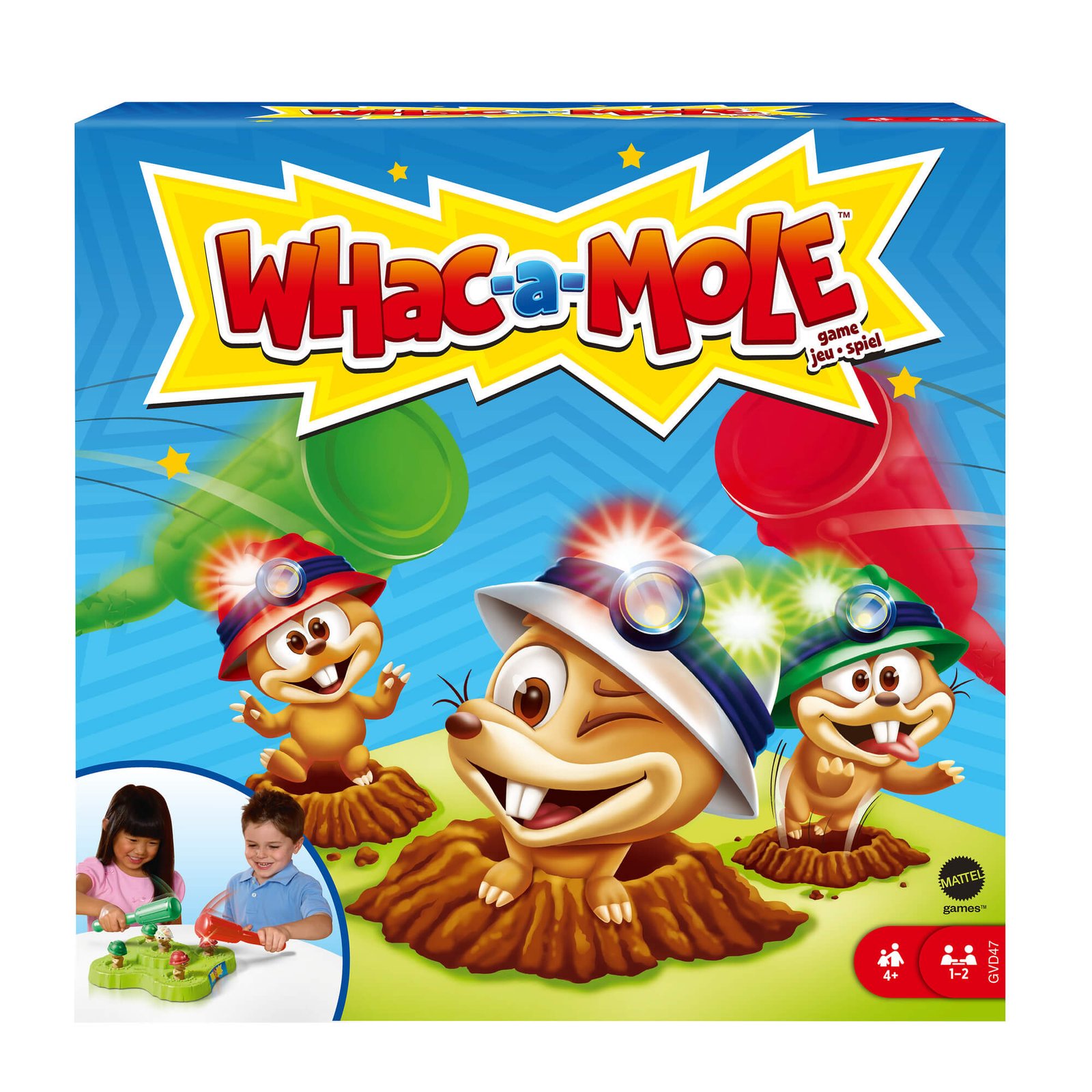 Kurmių gaudymo žaidimas Whac-a-Mole – dėžutė su šalmuotais kurmiais ir žymėjimu 4+, 1–2