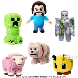 Minecraft pliušinė figūrėlė – šeši serijos veikėjai: Creeper, Steve, geležinis golemas, rožinė avis, vilkas Dennis ir bitė