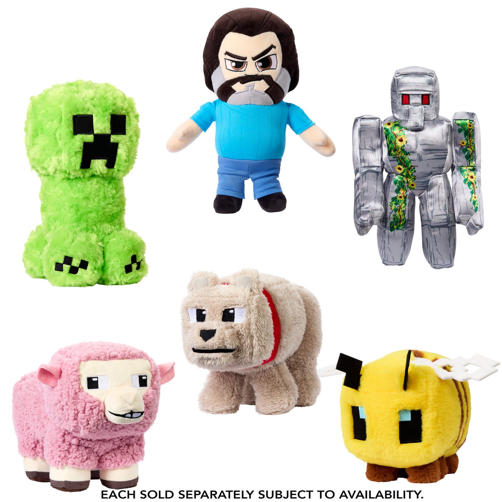 Minecraft pliušinė figūrėlė – šeši serijos veikėjai: Creeper, Steve, geležinis golemas, rožinė avis, vilkas Dennis ir bitė