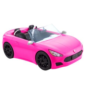 Barbie automobilis – rožinis kabrioletas su juodomis sėdynėmis ir juodais ratais