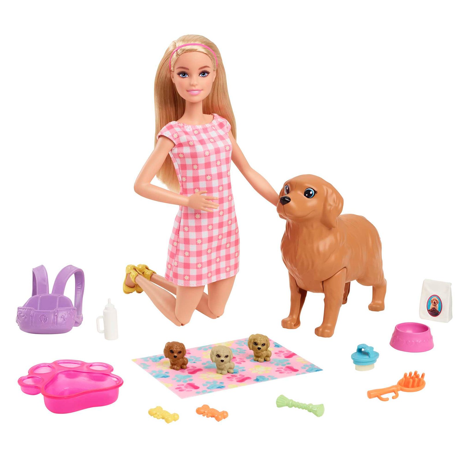 Klūpanti Barbie languota suknele, šunelė mama, trys šuniukai ir visi priedai