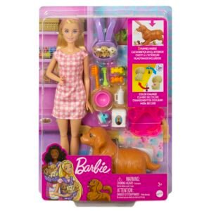 Barbie šuniukų gimimo rinkinys pakuotėje: lėlė, šunelė mama ir priežiūros priedai