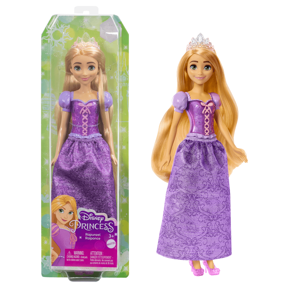 Auksaplaukė lėlė violetine suknele Disney Princess pakuotėje ir šalia jos