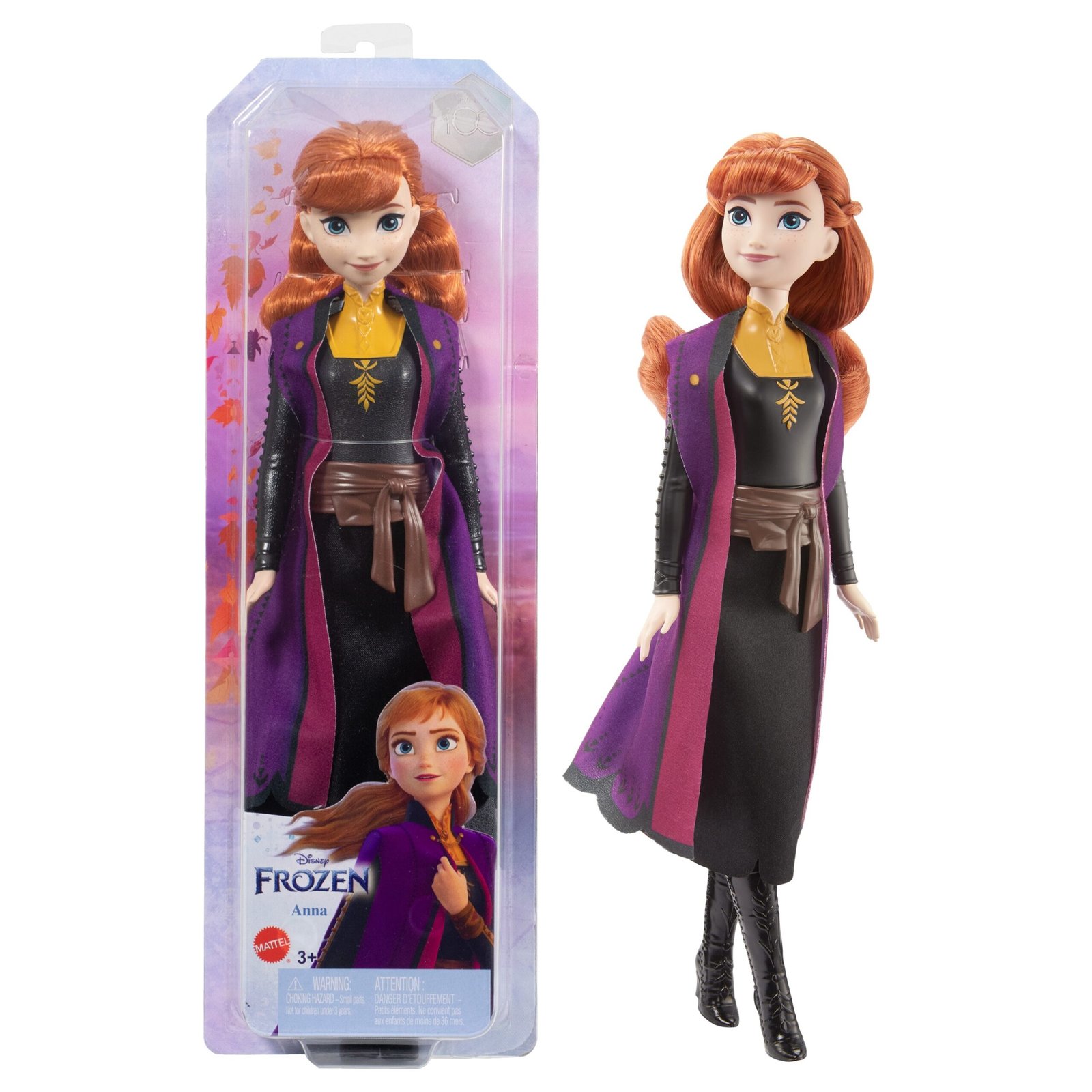Ana lėlė Frozen 2 pakuotėje ir šalia – violetinis apsiaustas ir juoda suknelė