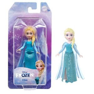 Frozen mini lėlė Elza pakuotėje ir šalia – žydra ledo suknelė