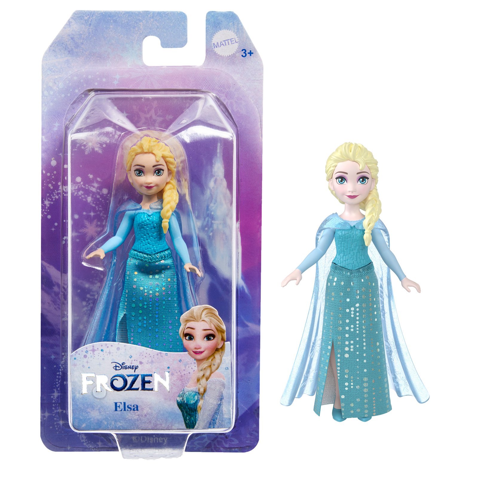 Frozen mini lėlė Elza pakuotėje ir šalia – žydra ledo suknelė