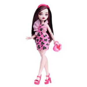 Monster High lėlė Draculaura rožine suknele su širdelėmis ir širdelės rankine