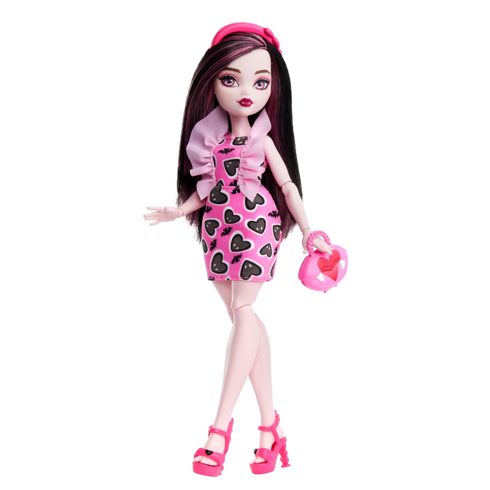 Monster High lėlė Draculaura rožine suknele su širdelėmis ir širdelės rankine